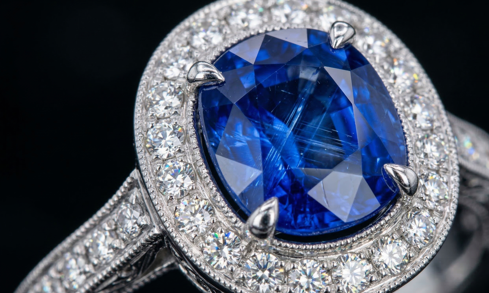 blue sapphire engagement ring close up